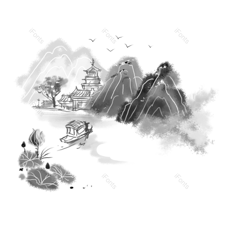 水墨图片,荷花元素,山水PNG,古风免抠素材